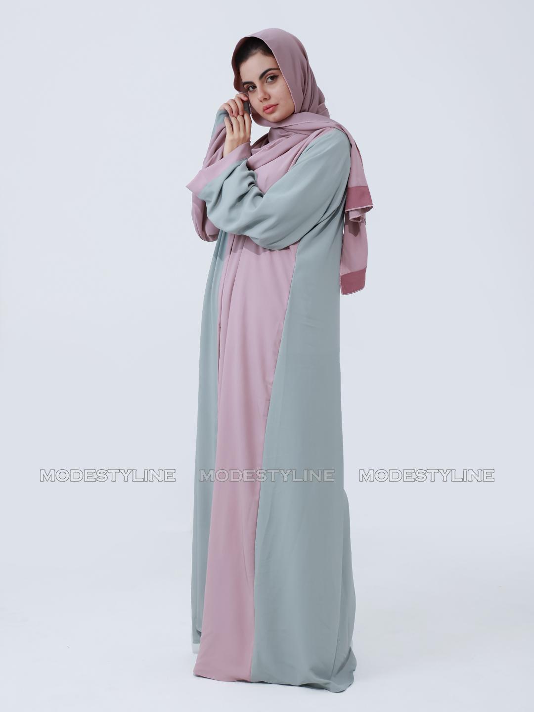 Whispers of Pastel: Modest Chic Color-block Abaya with hijab