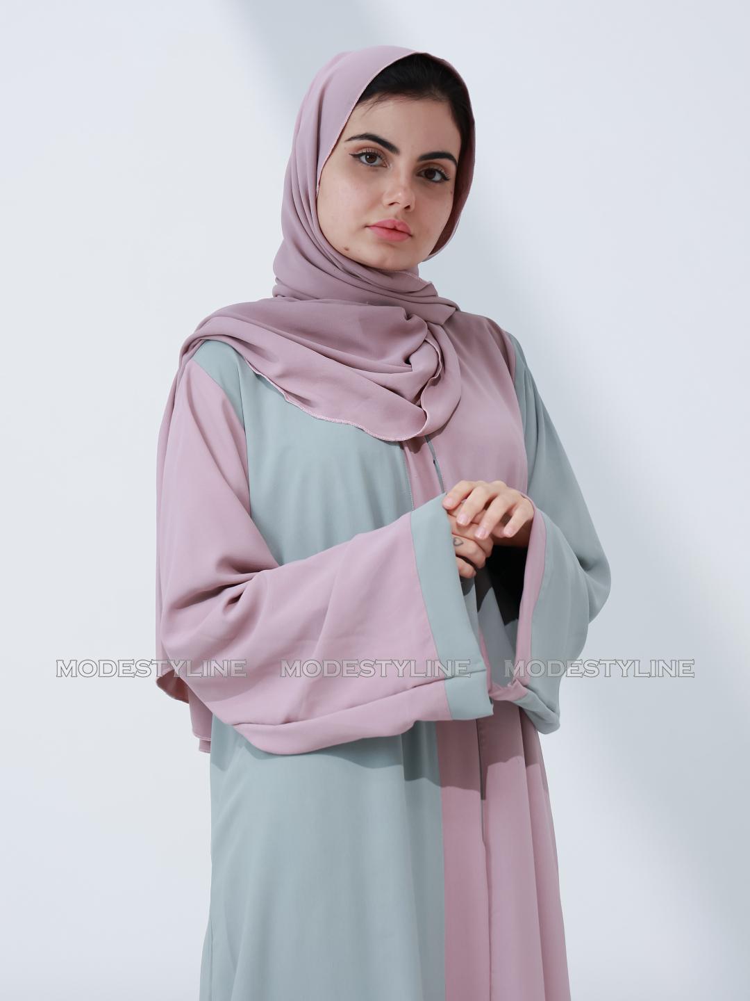 Whispers of Pastel: Modest Chic Color-block Abaya with hijab
