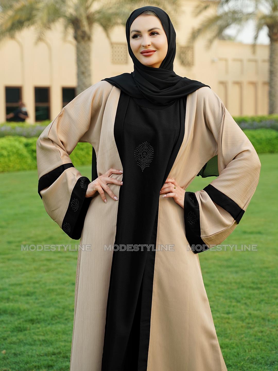 Attached Bisht Open-Front Abaya with Hijab