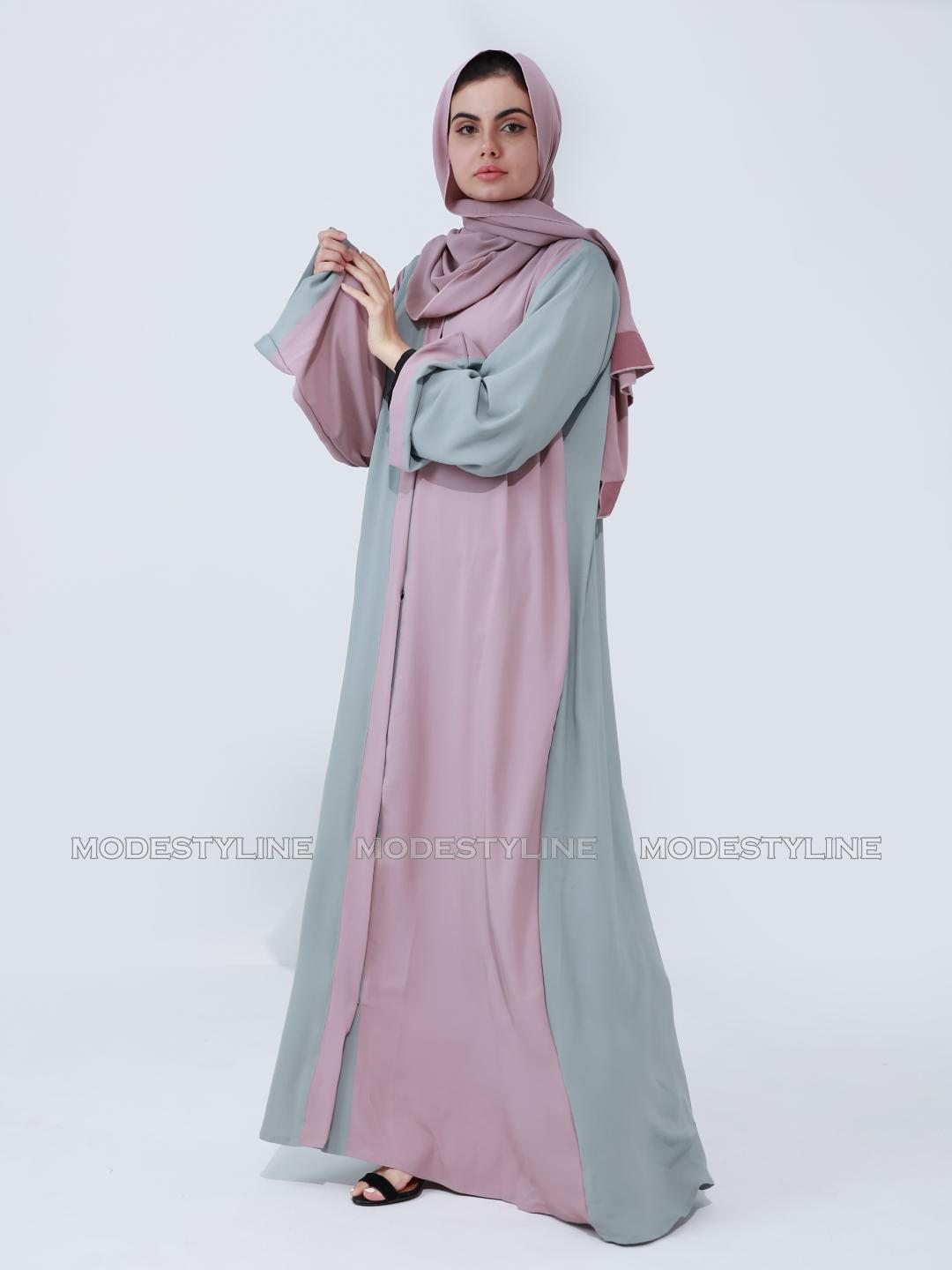 Whispers of Pastel: Modest Chic Color-block Abaya with hijab