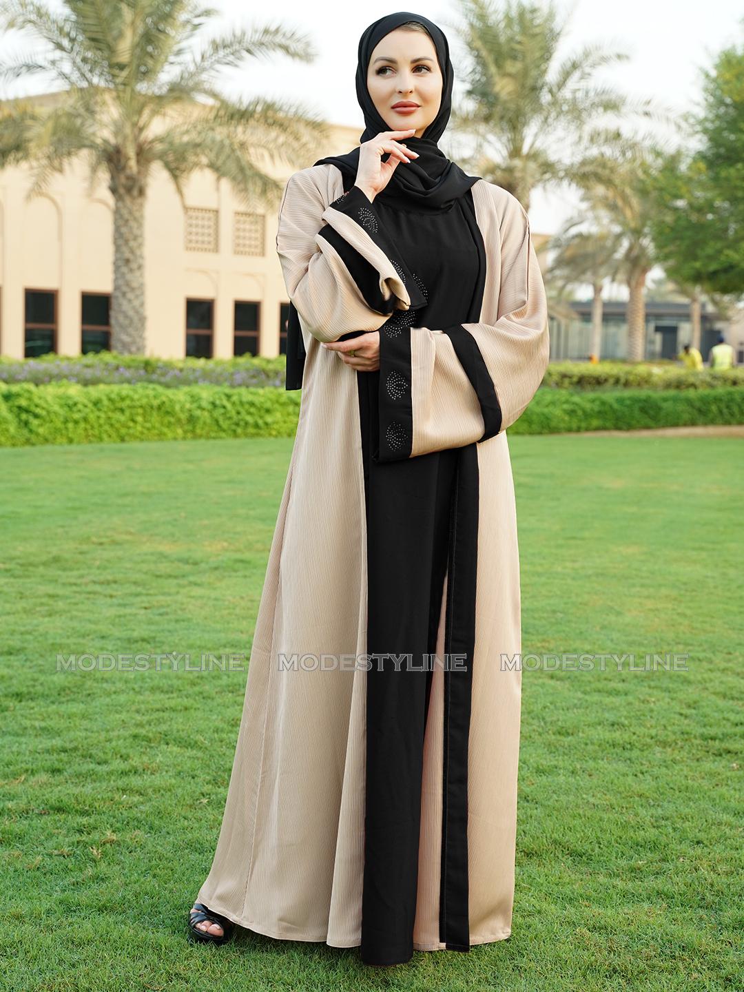 Attached Bisht Open-Front Abaya with Hijab