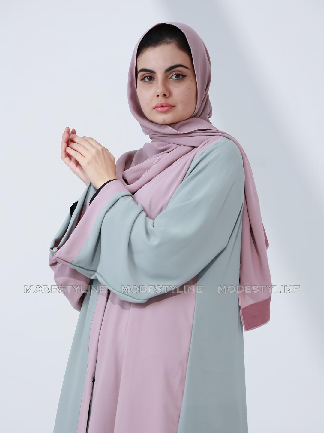 Whispers of Pastel: Modest Chic Color-block Abaya with hijab