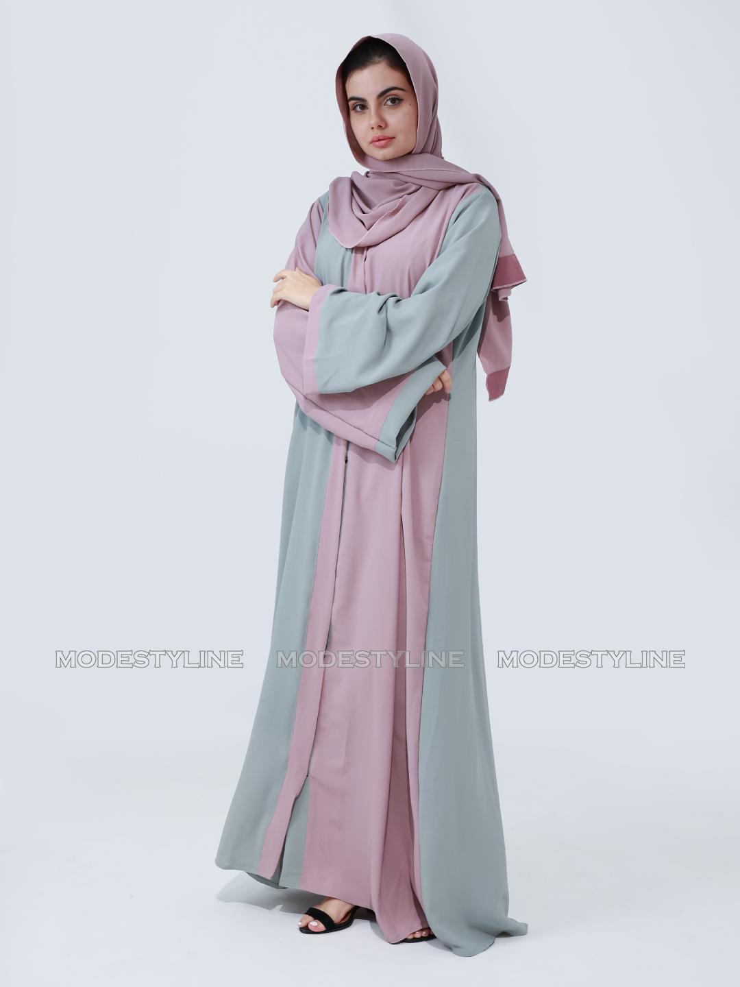 Whispers of Pastel: Modest Chic Color-block Abaya with hijab