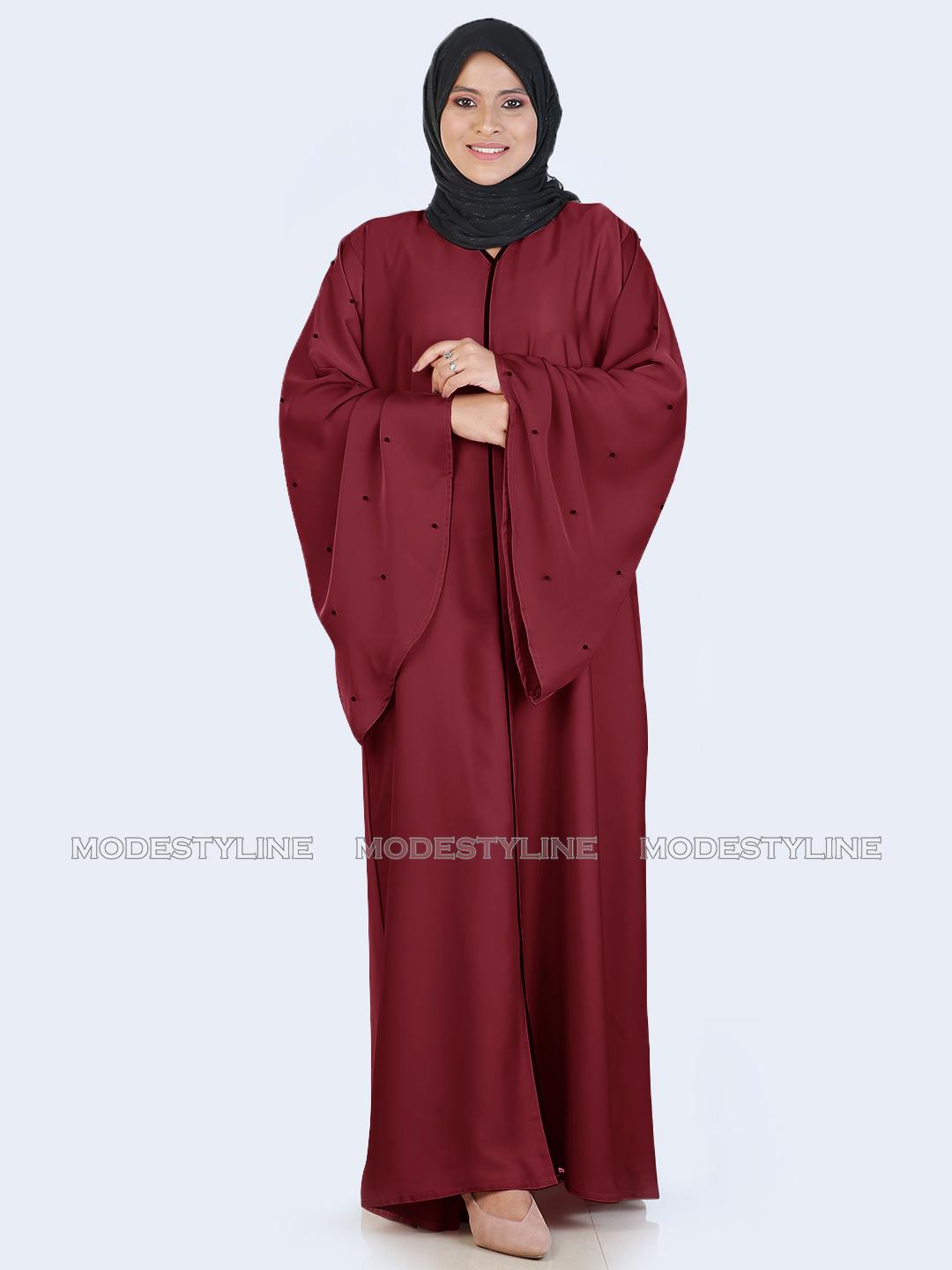 Trumpet sleeves Maroon Beaded Abaya with hijab