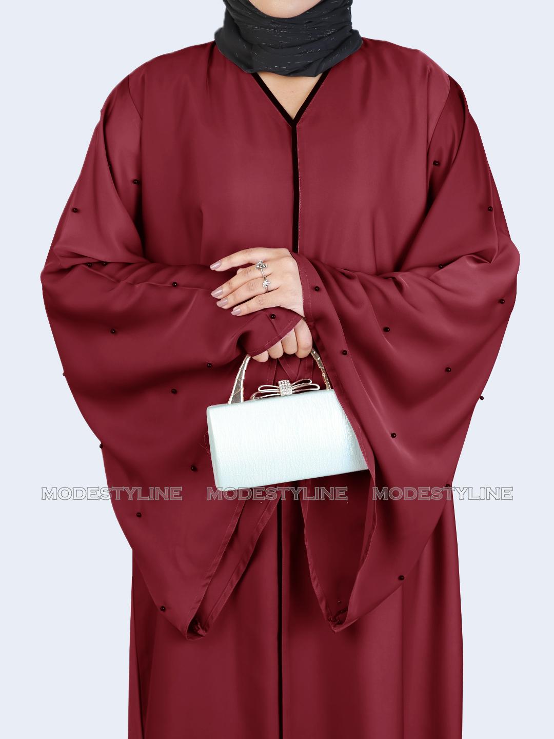 Trumpet sleeves Maroon Beaded Abaya with hijab