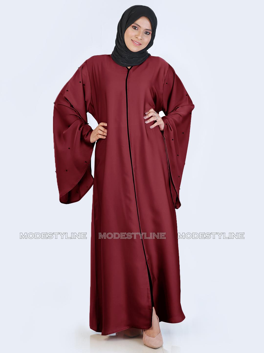 Trumpet sleeves Maroon Beaded Abaya with hijab