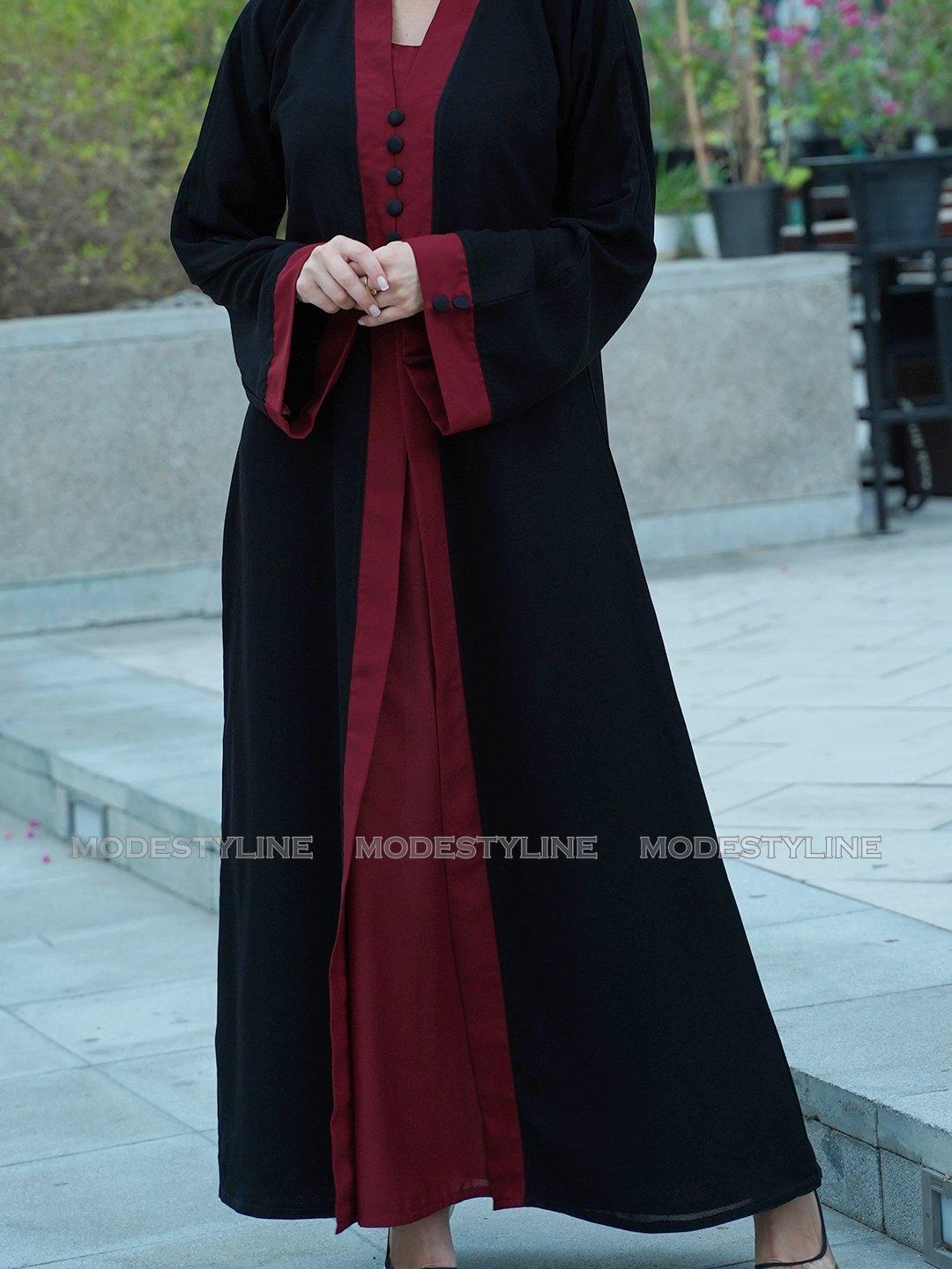 Majestic Maroon Cardigan Abaya with Maroon crinkled hijab