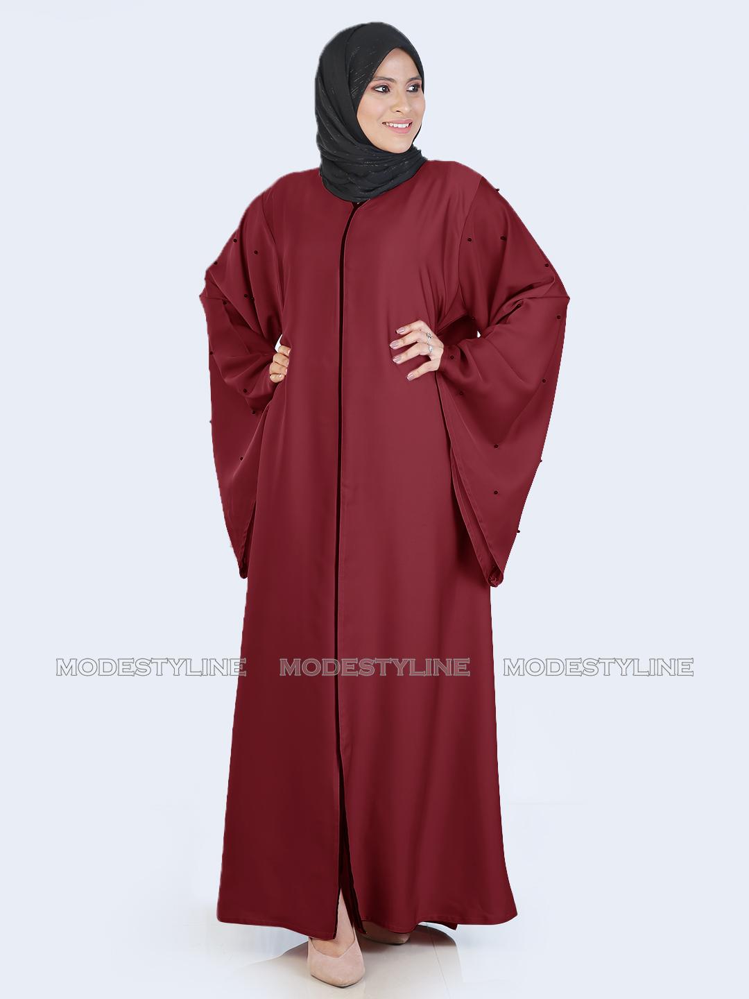 Trumpet sleeves Maroon Beaded Abaya with hijab