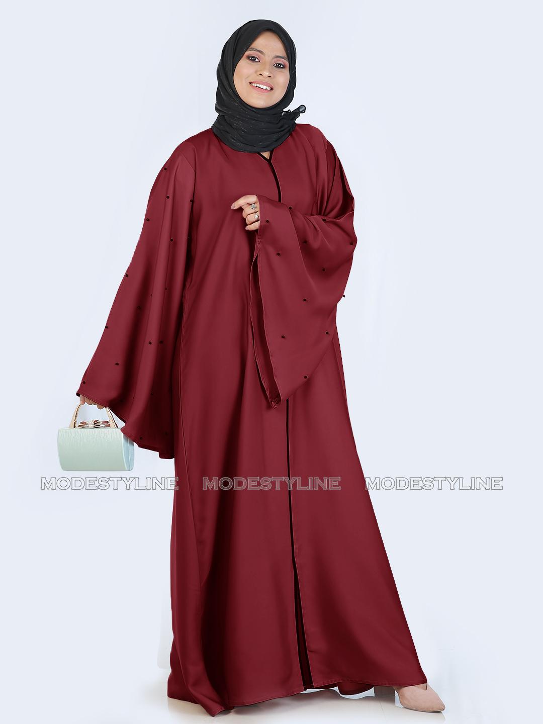 Trumpet sleeves Maroon Beaded Abaya with hijab