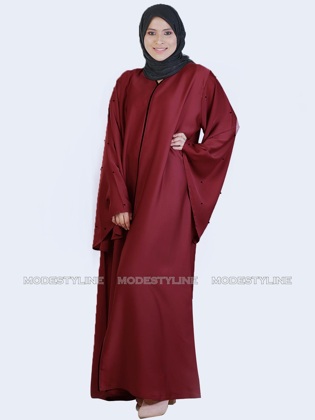 Trumpet sleeves Maroon Beaded Abaya with hijab