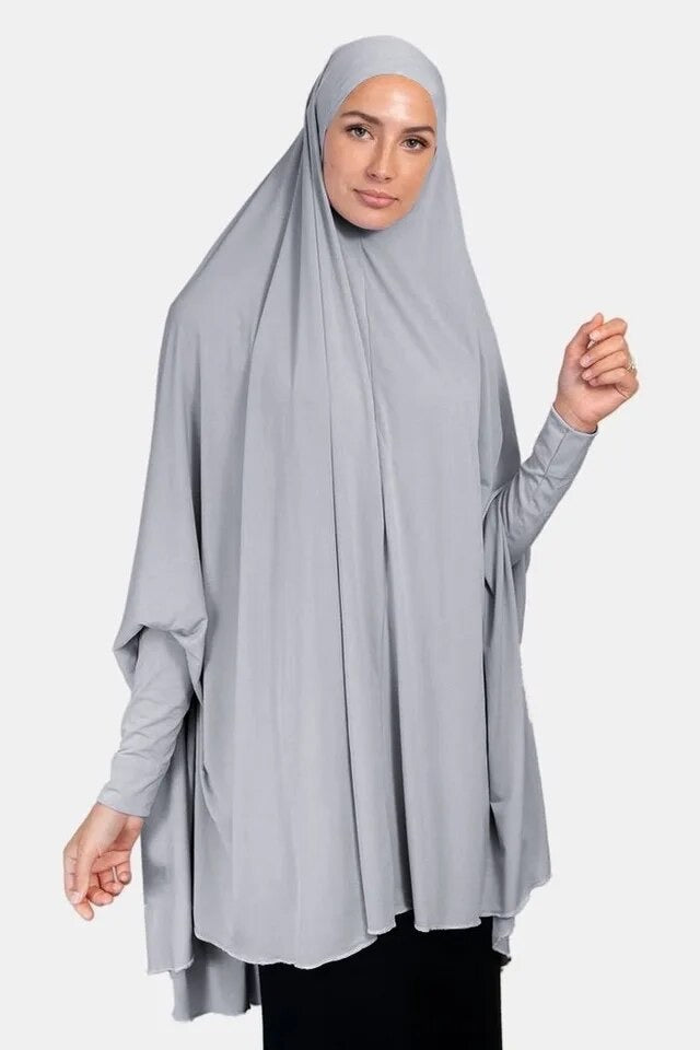 Gray Khimar hijab with sleeves